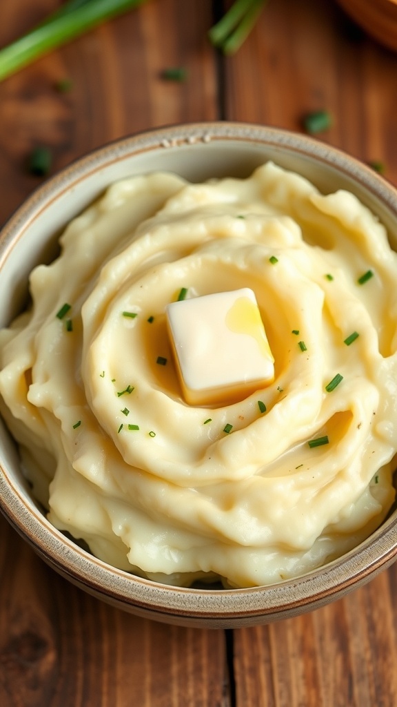 Creamy mashed Irish potatoes in a bowl, garnished with chives and a pat of butter, on a wooden table.